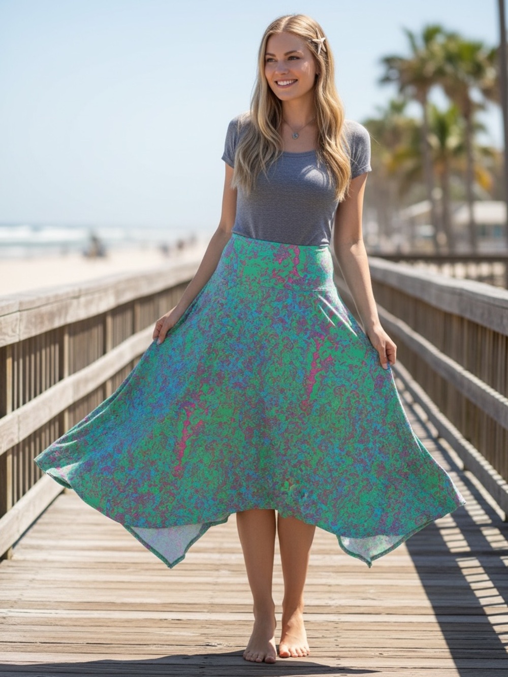 LuLaRoe Green and Pink Asymmetrical Midi Skirt
